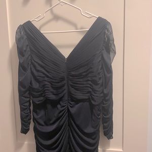 Mother of the Bride Navy Blue full-length gown/ruching on sleeves/bodice/skirt